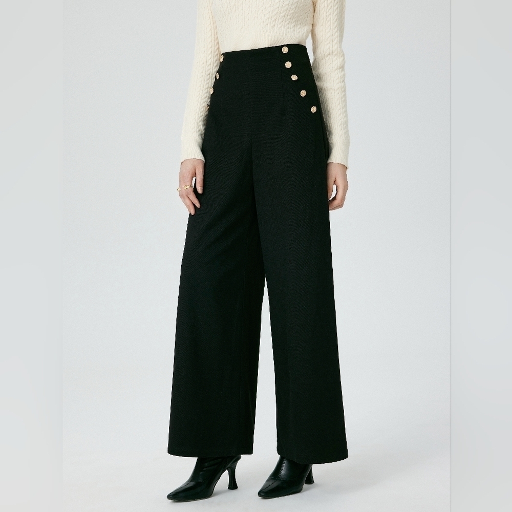Cider Black Wide-Leg Trousers with Gold Button Accents Size M